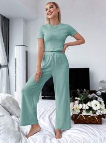 Solid Tee & Drawstring Waist Trousers Lounge Set - Mint Green - View 3