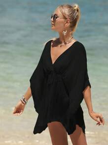 SHEIN Swim Áo che Nữ Dây kéo Thắt nút màu trơn - màu đen - Xem 5