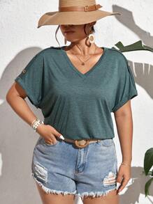 SHEIN Frenchy Plus Button Detail Batwing Sleeve Tee - Green - View 1