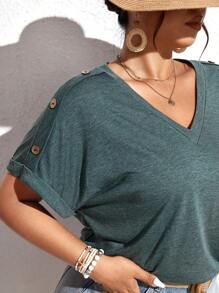 SHEIN Frenchy Plus Button Detail Batwing Sleeve Tee - Green - View 5