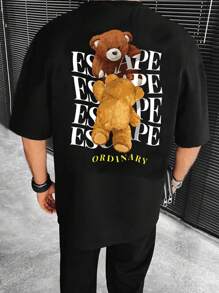 Manfinity RebelGame Men Cotton Bear & Letter Graphic Drop Shoulder Tee - Black - View 1