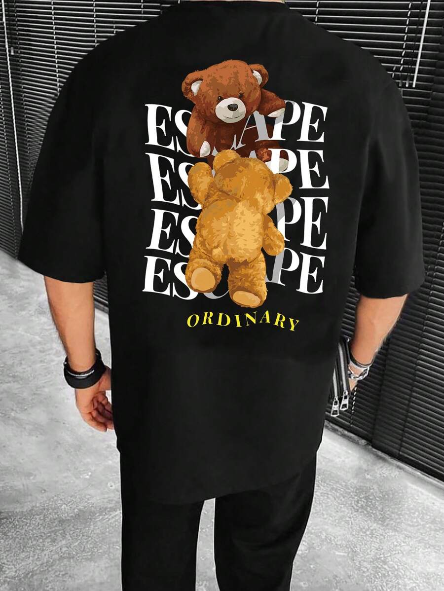 Manfinity RebelGame Men Cotton Bear & Letter Graphic Drop Shoulder Tee - Black - View 1