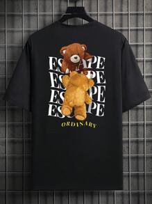 Manfinity RebelGame Men Cotton Bear & Letter Graphic Drop Shoulder Tee - Black - View 2