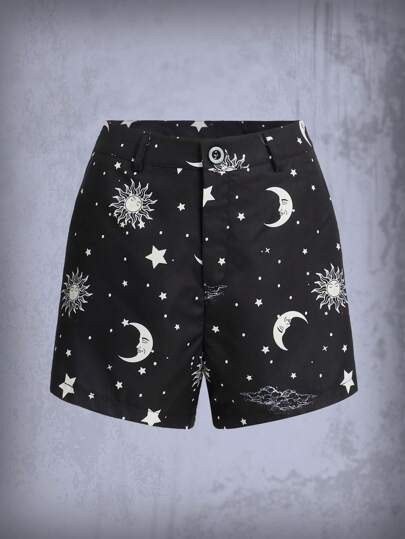 Goth Sun & Moon Graphic Shorts