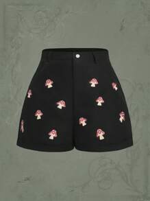 ROMWE Goth 蘑菇圖案短褲 - 黑色 - 查看 1