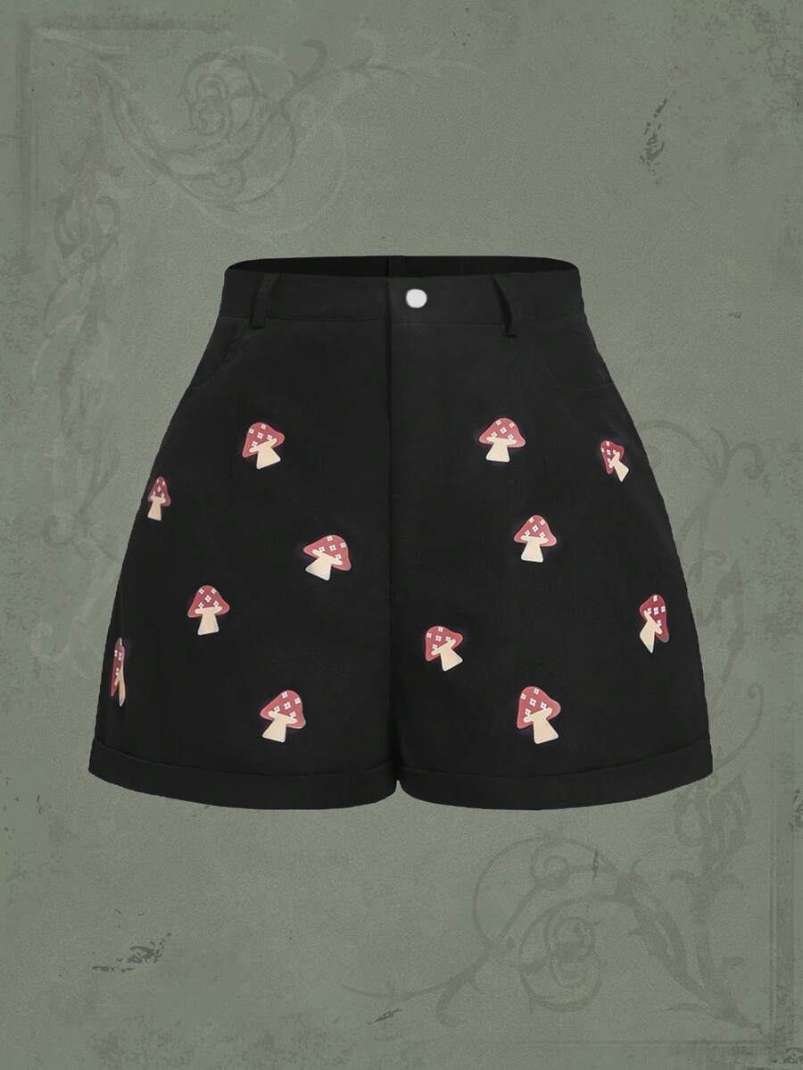 ROMWE Goth 蘑菇圖案短褲 - 黑色 - 查看 1