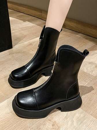 Botas de combate con cremallera frontal minimalistas para mujer, otoño/invierno 2025. Vestido negro punk con botas