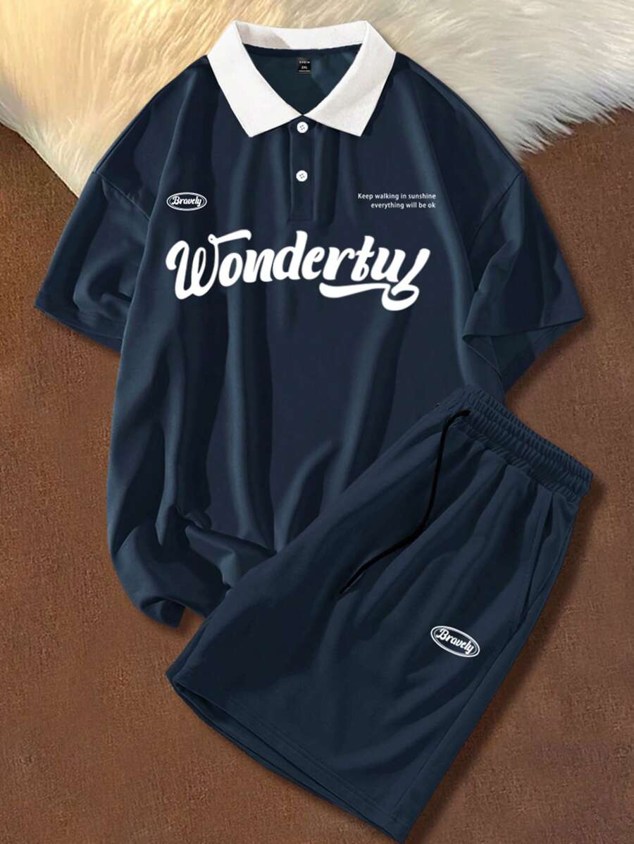 Aesthetic Post--Men Plus Letter Graphic Contrast Collar Polo Shirt & Drawstring Waist Shorts Set - Navy Blue - View 1