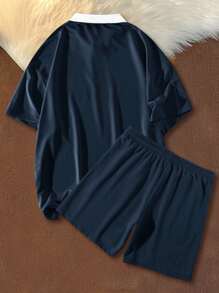Aesthetic Post--Men Plus Letter Graphic Contrast Collar Polo Shirt & Drawstring Waist Shorts Set - Navy Blue - View 2