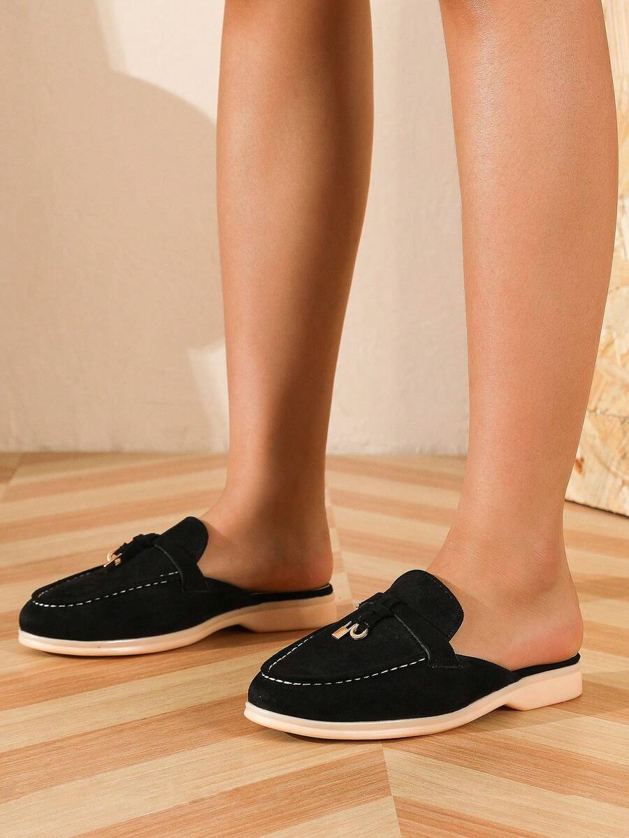 女士蝴蝶結裝飾仿麂皮優雅平底鞋 - 黑色 - 查看 1