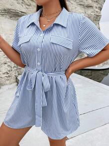 Calvaya Plus Striped Print Flap Detail Belted Shirt Romper - Blue - View 1