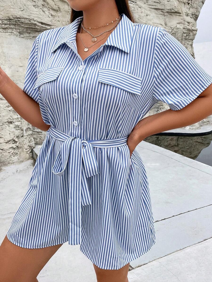 Calvaya Plus Striped Print Flap Detail Belted Shirt Romper - Blue - View 1