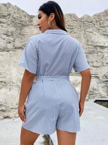 Calvaya Plus Striped Print Flap Detail Belted Shirt Romper - Blue - View 2