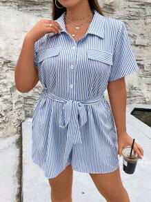 Calvaya Plus Striped Print Flap Detail Belted Shirt Romper - Blue - View 5