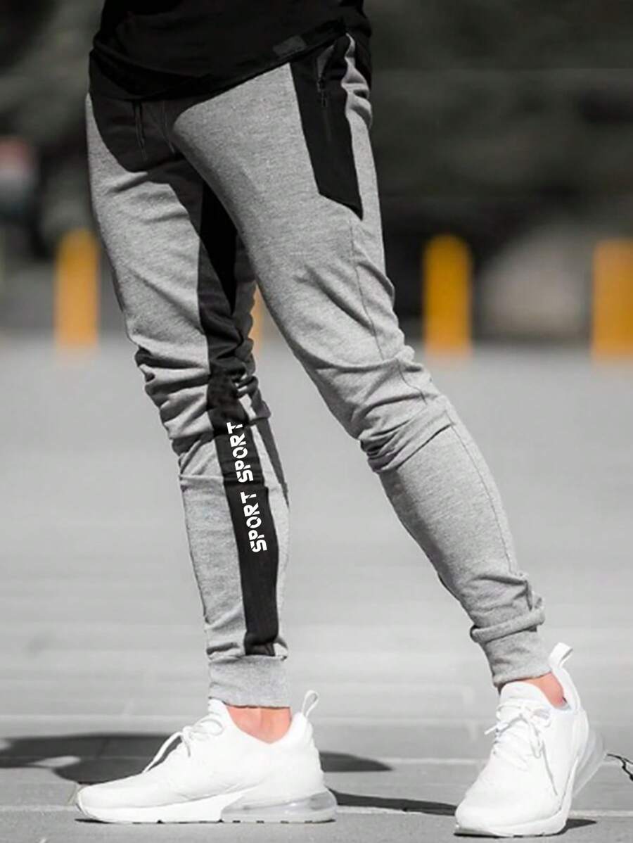 Manfinity Sport Corelite Men Letter Graphic Drawstring Waist Slant Pocket Sports Trousers - Grey - View 1