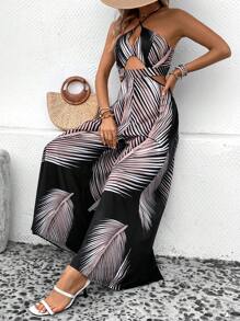 SHEIN VCAY 熱帶圖案鏤空後背繫帶闊腿繞頸連體褲 - 黑色 - 查看 3