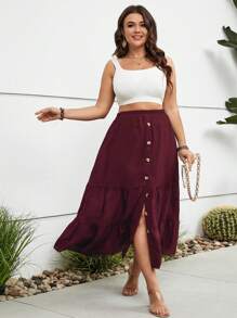 SHEIN Holidaya Plus Button Front Ruffle Hem Skirt - Rose Red - View 1
