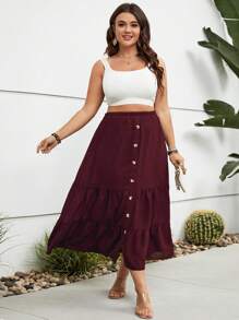SHEIN Holidaya Plus Button Front Ruffle Hem Skirt - Rose Red - View 3