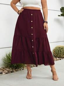 SHEIN Holidaya Plus Button Front Ruffle Hem Skirt - Rose Red - View 4