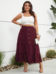 SHEIN Holidaya Plus Button Front Ruffle Hem Skirt - Rose Red - View 5