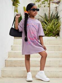 SHEIN Đầm Gái Con số Slogan Giải trí - Màu Lilac Tím - Xem 4