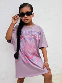 SHEIN Đầm Gái Con số Slogan Giải trí - Màu Lilac Tím - Xem 1