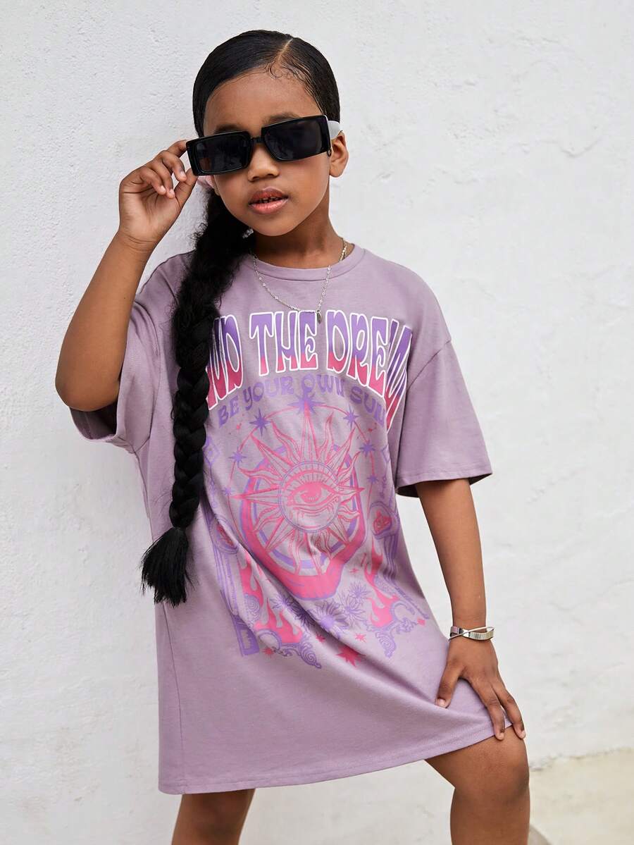 SHEIN Đầm Gái Con số Slogan Giải trí - Màu Lilac Tím - Xem 1