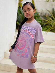 SHEIN Đầm Gái Con số Slogan Giải trí - Màu Lilac Tím - Xem 5