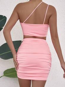 SHEIN Privé Bộ đồ hai mảnh nữ Lộ Lưng Xù màu trơn Gợi cảm - Hồng - Xem 2