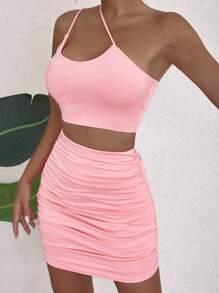 SHEIN Privé Bộ đồ hai mảnh nữ Lộ Lưng Xù màu trơn Gợi cảm - Hồng - Xem 3