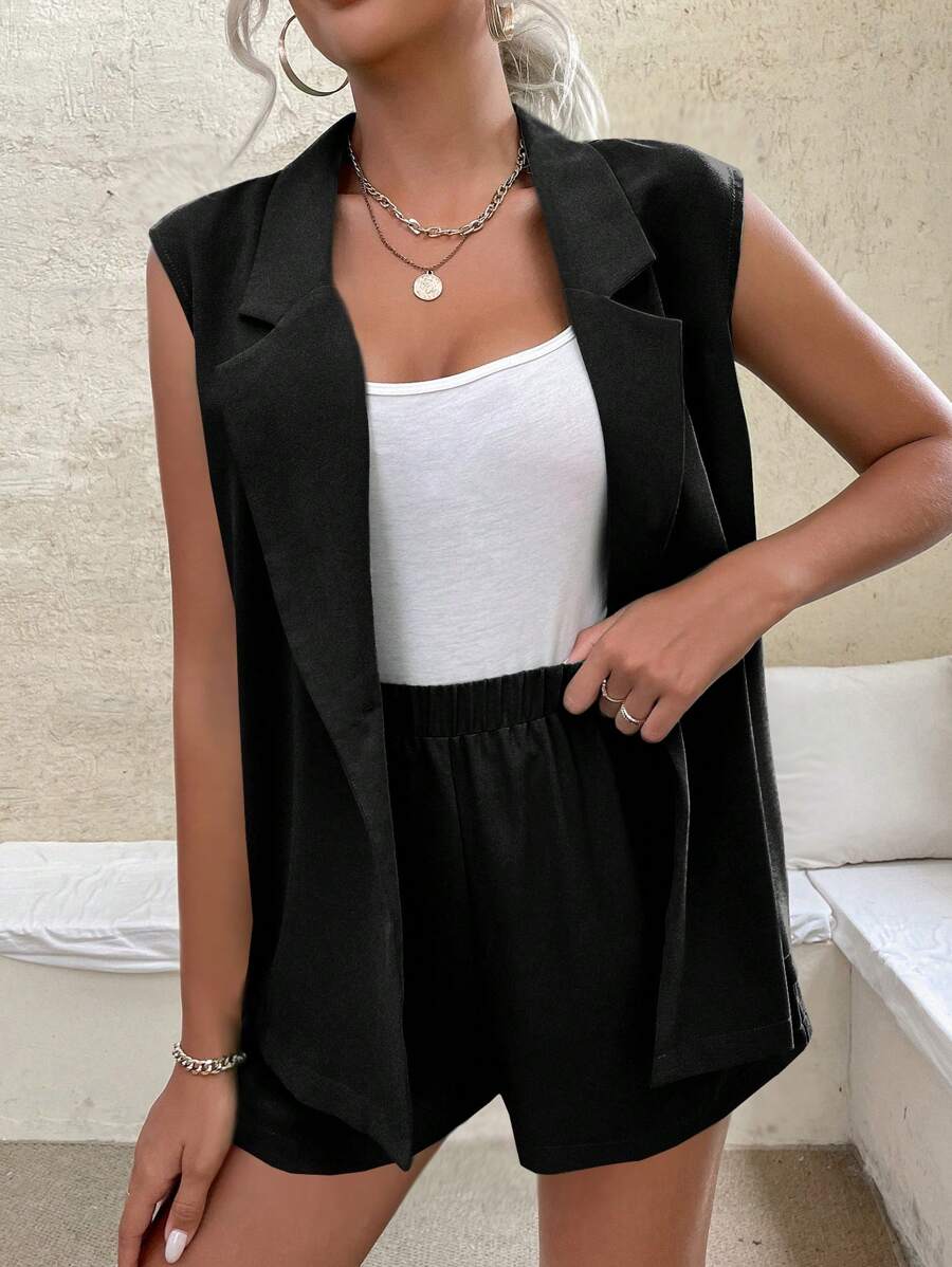 Chiquease Lapel Neck Vest Blazer & Shorts - Black - View 1