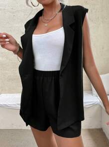 Chiquease Lapel Neck Vest Blazer & Shorts - Black - View 3