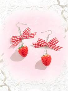 ROMWE Kawaii 2pcs Cute Copper Alloy Strawberry Bow Decor Drop Earrings For Women For Daily Decoration - Nhiều màu - Xem 1