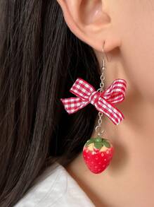 ROMWE Kawaii 2pcs Cute Copper Alloy Strawberry Bow Decor Drop Earrings For Women For Daily Decoration - Nhiều màu - Xem 2