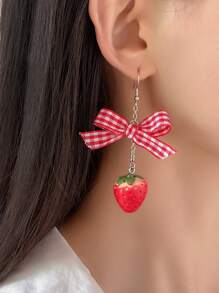 ROMWE Kawaii 2pcs Cute Copper Alloy Strawberry Bow Decor Drop Earrings For Women For Daily Decoration - Nhiều màu - Xem 4