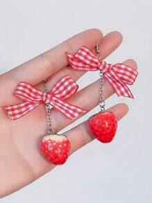 ROMWE Kawaii 2pcs Cute Copper Alloy Strawberry Bow Decor Drop Earrings For Women For Daily Decoration - Nhiều màu - Xem 5