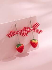 ROMWE Kawaii 2pcs Cute Copper Alloy Strawberry Bow Decor Drop Earrings For Women For Daily Decoration - Nhiều màu - Xem 6