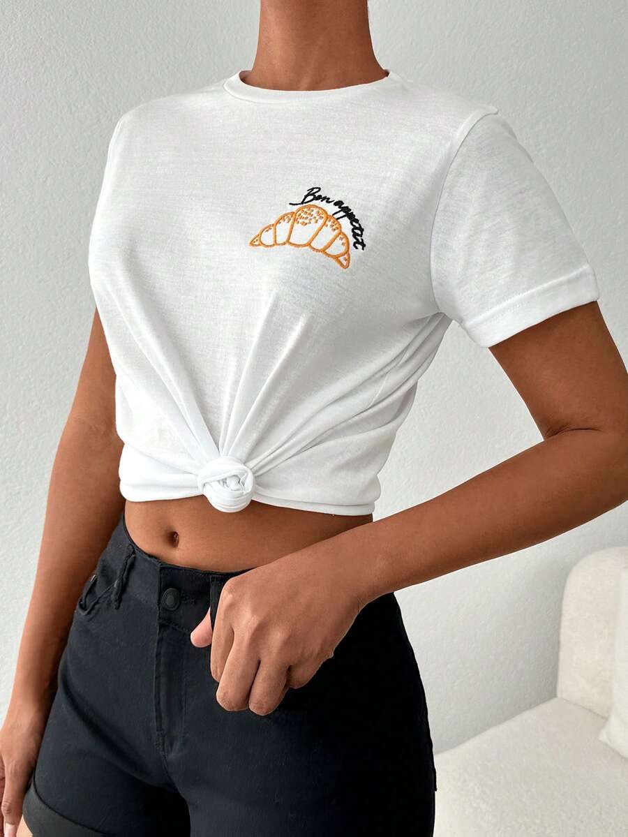 Cottnline Letter Embroidery Tee - White - View 1