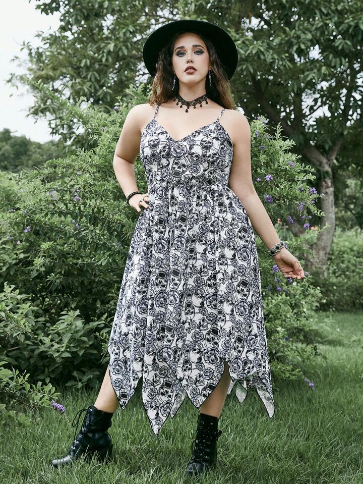 Our Goth Plus Allover Print Hanky Hem Cami Dress is such a vibe - ROMWE