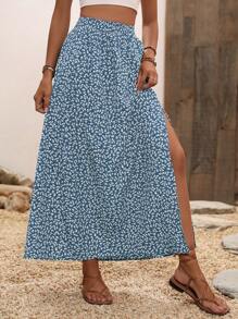 Breezaya 碎花印花开叉大腿裙长款度假海滩装女装 - 藍色 - 查看 3