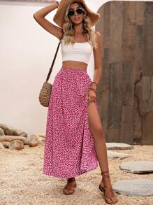 SHEIN Holidaya 碎花高衩半身裙 - 玫紅色 - 查看 3