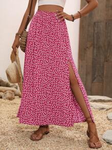 SHEIN Holidaya 碎花高衩半身裙 - 玫紅色 - 查看 5