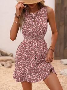 SHEIN Holidaya Đầm Nút Viên lá sen Dải chun Họa tiết hoa Boho - Hồng - Xem 3