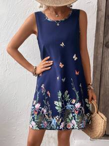 SHEIN LUNE Vestido tank con estampado floral sin manga - azul real - Ver 1