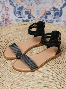 Phụ nữ có hoa văn sọc có khóa trang trí Dép quai ngang mắt cá chân, Dép quyến rũ - màu đen - Xem 3