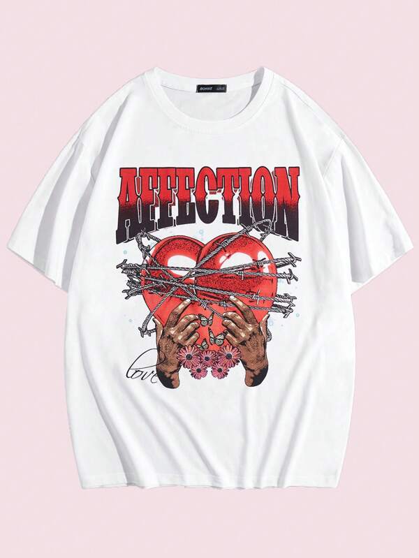 Studio Chunk ROMWE MEN Camiseta De Para Hombre Con Impresión De Letras Y Corazones