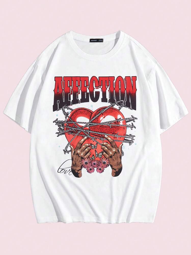 Men Cotton Letter & Heart Print Tee