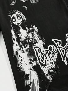 ROMWE MEN Corpse Bride | ROMWE 男士棉質字母及圖形圖案t恤 - 黑色 - 查看 4