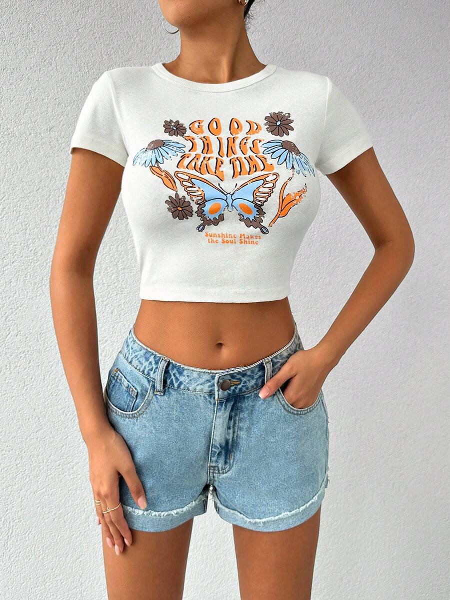 Cottnline Butterfly & Slogan Graphic Crop Tee - White - View 1