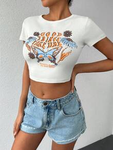 Cottnline Butterfly & Slogan Graphic Crop Tee - White - View 3